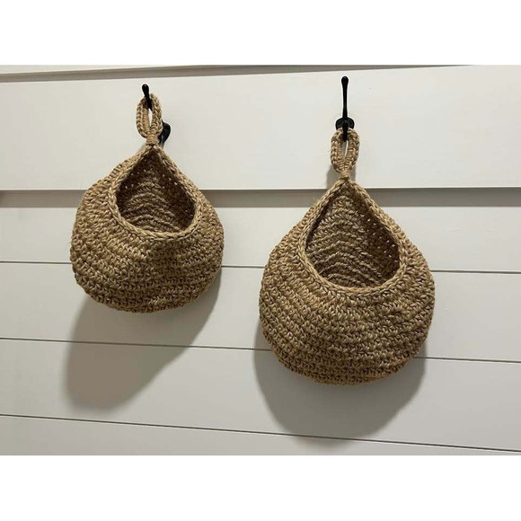 Handmade Other - Set of 2 Boho Jute Hanging Teardrop Baskets Natural Woven Wall Storage Decor